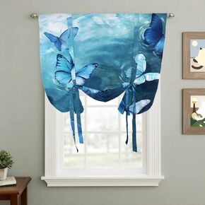 Blue Butterfly Tie Up Curtains for Window, Modern Elegant Water Ripples Thermal Insulated Balloon Shade Adjustable Rod Pocket Curtains Valance Panels for Kitchen Bathroom Café 46'' x 63'' in Kuwait