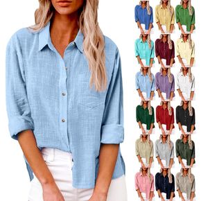Cotton Linen Tops for Women Long Sleeve Button Down Shirts Casual Loose Blouse Work Office Spring Summer Tunic Tops in Saudi Arabia