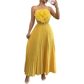 OYOANGLE Women's 3D Floral Spaghetti Strap Cami Dress Pleated Sleeveless Flared Evening Dresses in Kuwait