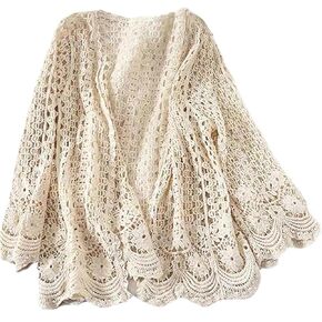 كارديجان صيفي للنساء من القطن الكريمي الأبيض بأكمام طويلة مجوف من الكروشيه محبوك بوهو زهري ربيعي مسامي دانتيل كروشيه محبوك كيمونو، متوسط ​​الحجم in Kuwait