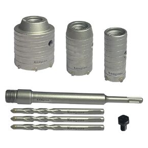 طقم منشار ثقب الخرسانة، مجموعة لقم مثقاب من ستيل التنجستن اس دي اس بلس لثقب الحائط 1-2/11، 1-3/5، 2-4/5 انش (30، 40، 60 ملم)، مع قضيب توصيل 8-7/10 انش (220 ملم)، 3 رؤوس مثقاب مركزية in Kuwait