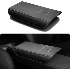 غطاء مسند ذراع لوحدة التحكم المركزية لسيارة Tesla Model Y 2025-2026 / Model 3 2024-2025، مسند ذراع واقي مسند ذراع منقوش ناعم مصنوع من الجلد غير القابل للانزلاق مع شعار، ملحقات سوداء لـ Tesla in Kuwait