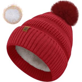 Winter Beanie Hats for Women with Faux Fur Pom Warm Cozy Knit Fleece Thermal Snow Ski Skull Cap for Cold Weather in Kuwait