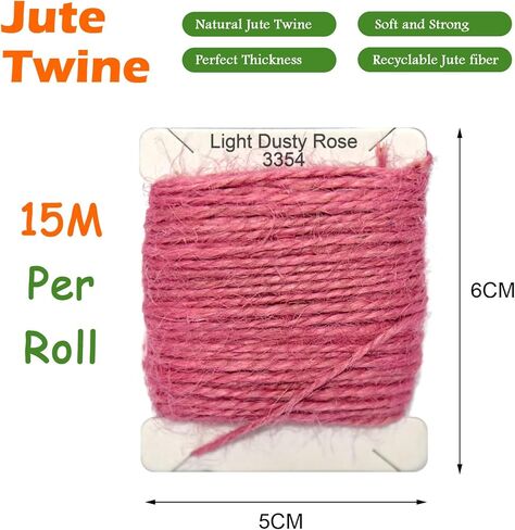 خيوط الجوت بطول 15 مترًا للحرف اليدوية وتغليف الهدايا والتعبئة والبستنة والكروشيه والحياكة المكرامية (وردة مغبرة خفيفة) in Kuwait