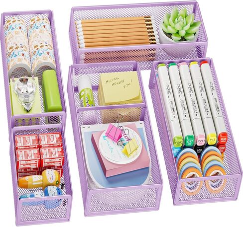 Marbrasse 5 Pack Desk Drawer Organizer Set, Mesh Drawer Storage Trays with 1 Adjustable Divider, Desk Organizers and Accessories, 5 PCS Drawer for Office Supplies, Makeup & Vanity (Black) in Saudi Arabia