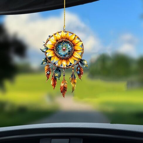 Sunflowers Dream Catcher Acrylic Hanging Ornament with Loop - Car Mirror Decor, Keychain, for Christmas, Birthday, Graduation, Backpack Charms, Artistic Accessory in Saudi Arabia