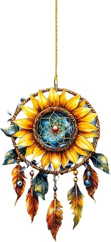Sunflowers Dream Catcher Acrylic Hanging Ornament with Loop - Car Mirror Decor, Keychain, for Christmas, Birthday, Graduation, Backpack Charms, Artistic Accessory in Saudi Arabia