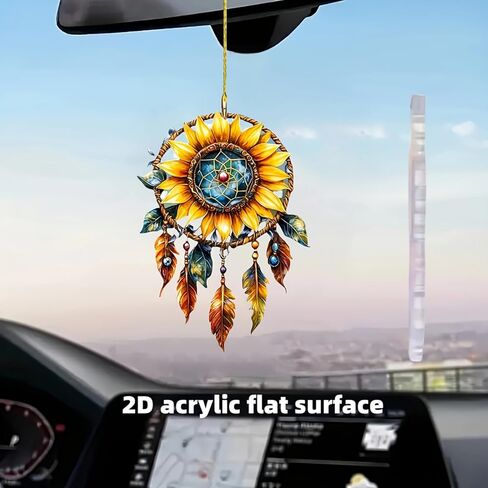 Sunflowers Dream Catcher Acrylic Hanging Ornament with Loop - Car Mirror Decor, Keychain, for Christmas, Birthday, Graduation, Backpack Charms, Artistic Accessory in Saudi Arabia