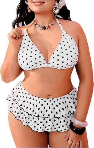 Floerns Women's Plus Size Polka Dots Halter Bikini Top Tie Backless Swim Tops Beachwear in Saudi Arabia