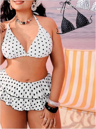 Floerns Women's Plus Size Polka Dots Halter Bikini Top Tie Backless Swim Tops Beachwear in Saudi Arabia