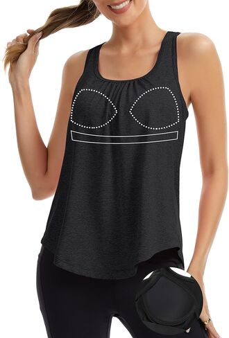 SLIMBELLE Built in Bra Workout Tank for Women Running Yoga Gym Tennis Sport Cami Shirt Racer Back Crewneck Loose Fit Top in Kuwait