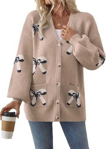 Womens Valentine Bow Pocket V Neck Cardigan Sweaters Spring 2026 Oversized Cute Button Pocket Long Sleeve Sweaters in Kuwait