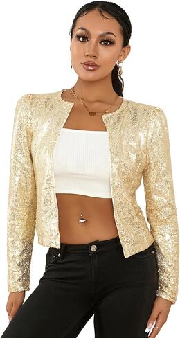Cropped Tops for Women Long Sleeve Open Front Cardigan Shrug Blazer Solid Sequins Glitter Crop Jacket Party Clubwear in Kuwait