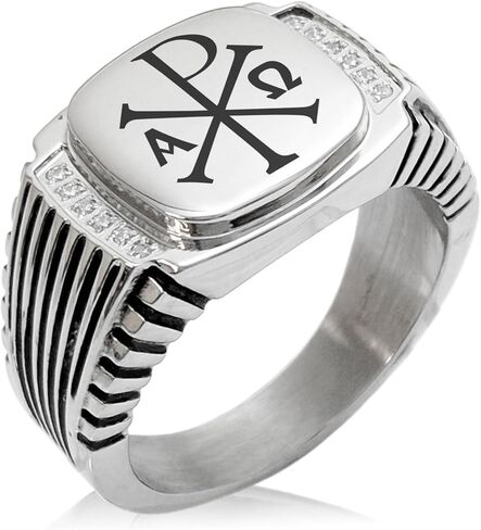 Two-Tone Stainless Steel Chi Rho Alpha Omega Symbol Engraved Clear Cubic Zirconia Ribbed Needle Stripe Pattern Biker Style Polished Ring, Size 9 in Saudi Arabia