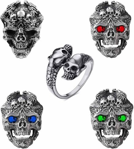 مجموعة خواتم جمجمة فاسق للرجال مكونة من 5 حلقات قابلة للتعديل، رأس هيكل عظمي قوطي مع عين حمراء وزرقاء خضراء وتصميم جمجمة مزدوجة، حلقات معدنية عتيقة للارتداء اليومي والحفلات in Kuwait