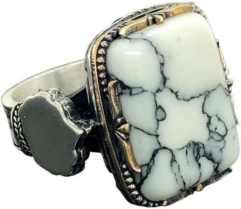 Sterling Silver Ring, White Turquoise Stone, Howlite Stone Ring,Natural Stone, Ottoman Men Ring, Turkish handmade, Gift for Him in Kuwait
