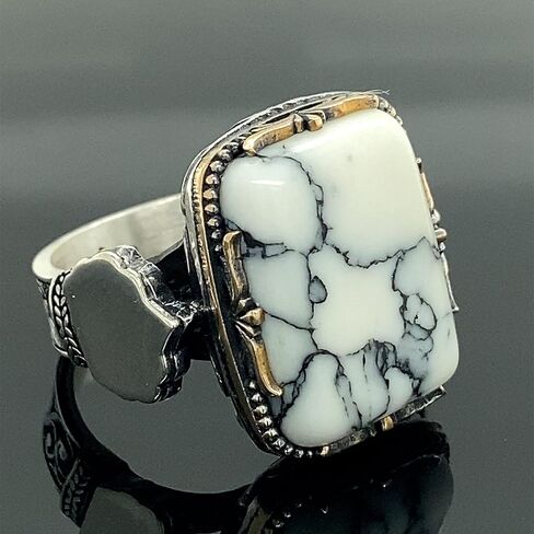 Sterling Silver Ring, White Turquoise Stone, Howlite Stone Ring,Natural Stone, Ottoman Men Ring, Turkish handmade, Gift for Him in Kuwait