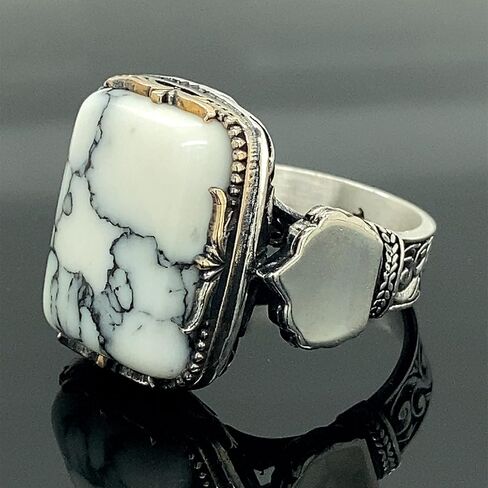 Sterling Silver Ring, White Turquoise Stone, Howlite Stone Ring,Natural Stone, Ottoman Men Ring, Turkish handmade, Gift for Him in Kuwait