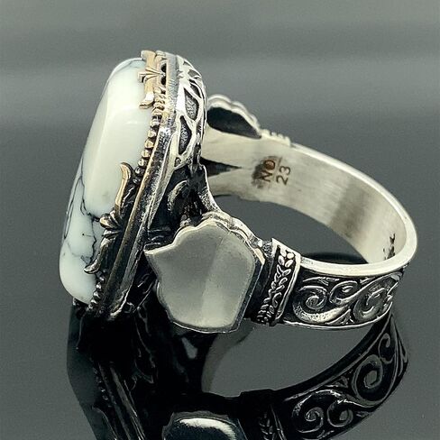Sterling Silver Ring, White Turquoise Stone, Howlite Stone Ring,Natural Stone, Ottoman Men Ring, Turkish handmade, Gift for Him in Kuwait