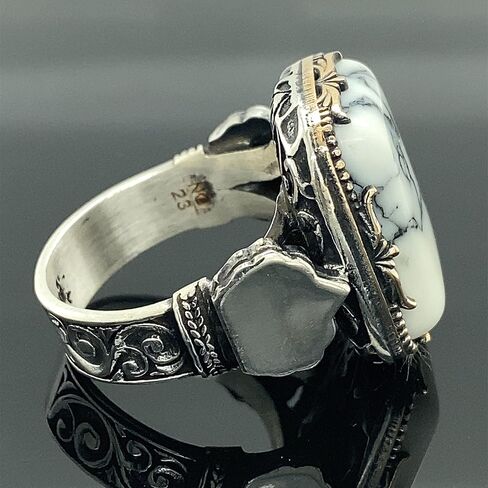 Sterling Silver Ring, White Turquoise Stone, Howlite Stone Ring,Natural Stone, Ottoman Men Ring, Turkish handmade, Gift for Him in Kuwait