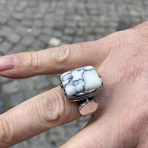 Sterling Silver Ring, White Turquoise Stone, Howlite Stone Ring,Natural Stone, Ottoman Men Ring, Turkish handmade, Gift for Him in Kuwait