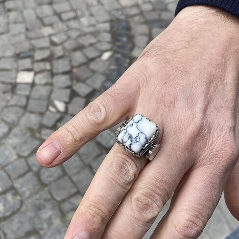Sterling Silver Ring, White Turquoise Stone, Howlite Stone Ring,Natural Stone, Ottoman Men Ring, Turkish handmade, Gift for Him in Kuwait