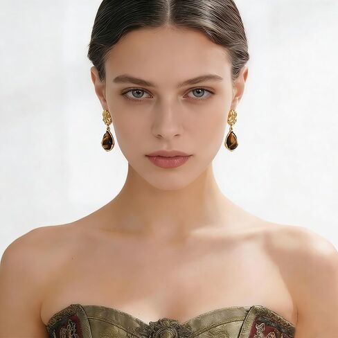 Teardrop Dangle Earrings for Women 14K Gold Plated Textured Brown Tiger Eye Drop Earring Statement Trendy Valentine Jewelry Gifts in Kuwait