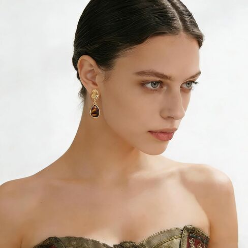 Teardrop Dangle Earrings for Women 14K Gold Plated Textured Brown Tiger Eye Drop Earring Statement Trendy Valentine Jewelry Gifts in Kuwait