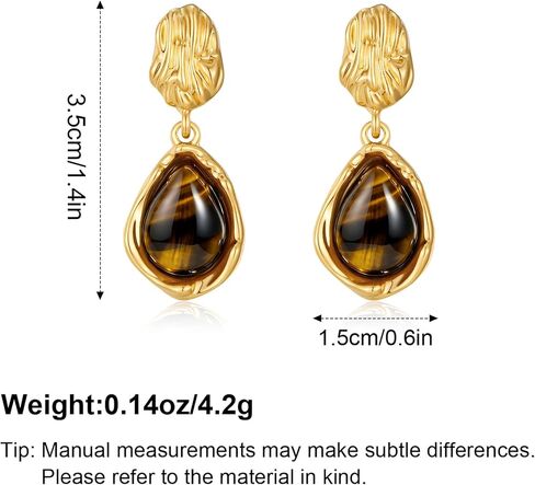 Teardrop Dangle Earrings for Women 14K Gold Plated Textured Brown Tiger Eye Drop Earring Statement Trendy Valentine Jewelry Gifts in Kuwait