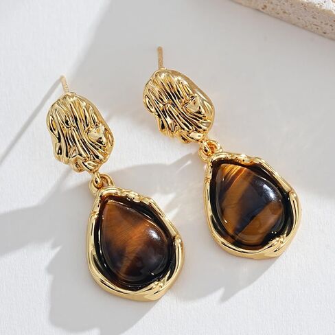 Teardrop Dangle Earrings for Women 14K Gold Plated Textured Brown Tiger Eye Drop Earring Statement Trendy Valentine Jewelry Gifts in Kuwait