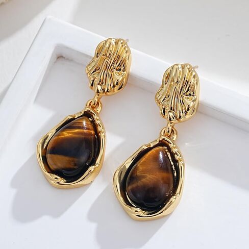 Teardrop Dangle Earrings for Women 14K Gold Plated Textured Brown Tiger Eye Drop Earring Statement Trendy Valentine Jewelry Gifts in Kuwait