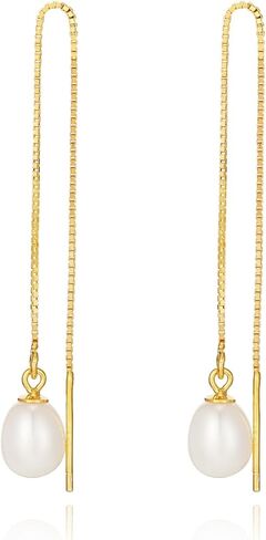 JaruJaru Vermeil Chain Freshwater Pearl Earrings for Women, Gold Threader Earrings, Gold plated on S925 Sterling Silver, Hypoallergenic Thread Through Dangle Earrings in Saudi Arabia