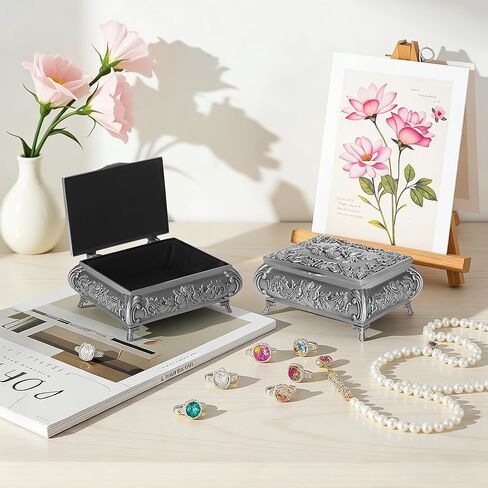 صندوق مجوهرات معدني عتيق مستطيل الشكل بنمط وردة، وأقراط حلقية وقلائد وحامل مسبحة وصناديق عتيقة، وصندوق تذكار للحلي هدية ديكور منزلي للنساء (النمط 1) in Kuwait