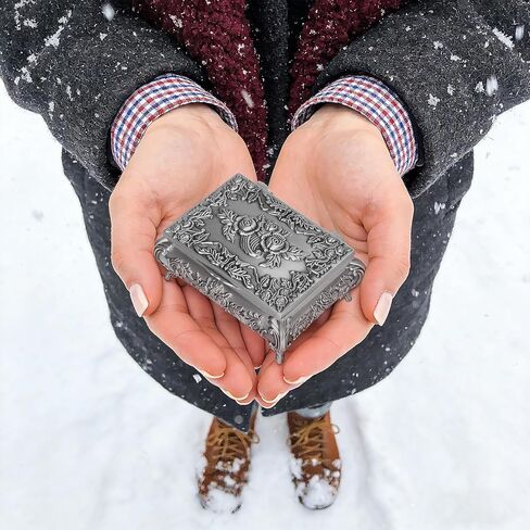 صندوق مجوهرات معدني عتيق مستطيل الشكل بنمط وردة، وأقراط حلقية وقلائد وحامل مسبحة وصناديق عتيقة، وصندوق تذكار للحلي هدية ديكور منزلي للنساء (النمط 1) in Kuwait