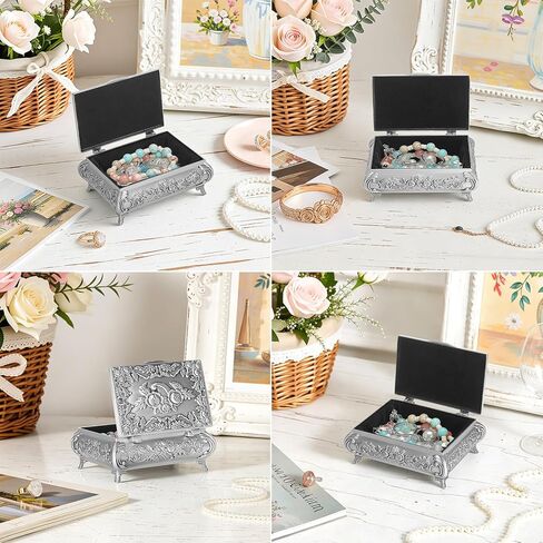 صندوق مجوهرات معدني عتيق مستطيل الشكل بنمط وردة، وأقراط حلقية وقلائد وحامل مسبحة وصناديق عتيقة، وصندوق تذكار للحلي هدية ديكور منزلي للنساء (النمط 1) in Kuwait