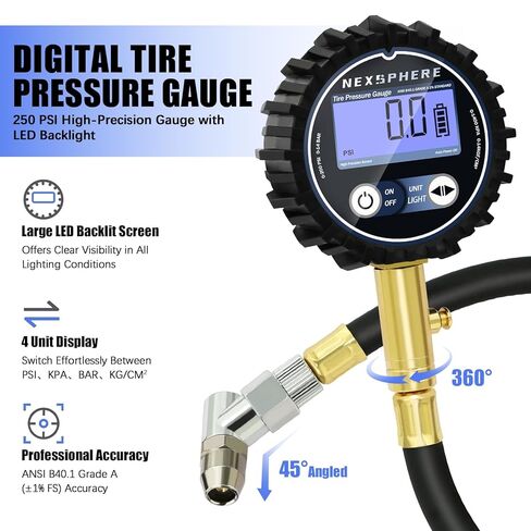 Tire Pressure Gauge, 100 PSI, ANSI B40.1 Certified Accuracy, Easy-to-Read 2" Glow Dial, Durable Brass & Steel Construction for Cars, Trucks, SUVs, Motorcycles & Bicycles in Kuwait
