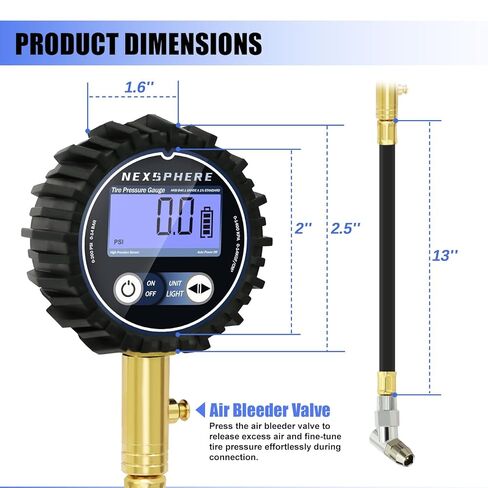 Tire Pressure Gauge, 100 PSI, ANSI B40.1 Certified Accuracy, Easy-to-Read 2" Glow Dial, Durable Brass & Steel Construction for Cars, Trucks, SUVs, Motorcycles & Bicycles in Kuwait
