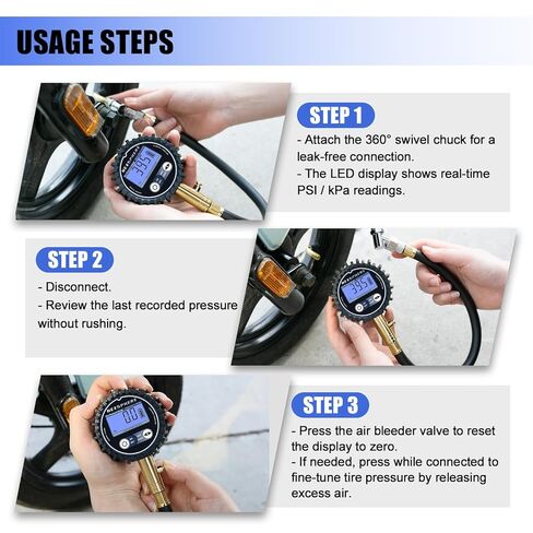 Tire Pressure Gauge, 100 PSI, ANSI B40.1 Certified Accuracy, Easy-to-Read 2" Glow Dial, Durable Brass & Steel Construction for Cars, Trucks, SUVs, Motorcycles & Bicycles in Kuwait