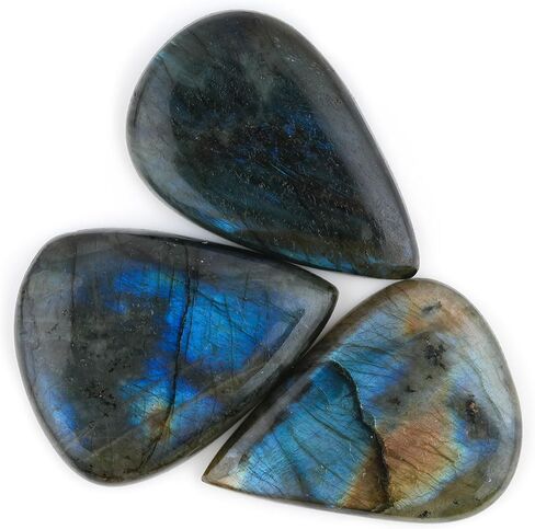 ColouredRocks (3 قطع) (40-50 مم) أحجار كريمة كابوشون كبيرة على شكل كمثرى من اللابرادوريت للشفاء والتأمل والحماية، بلورات طبيعية فضفاضة، ظهر مسطح بالجملة، مستلزمات صناعة المجوهرات، DIY، الصياغة in Kuwait