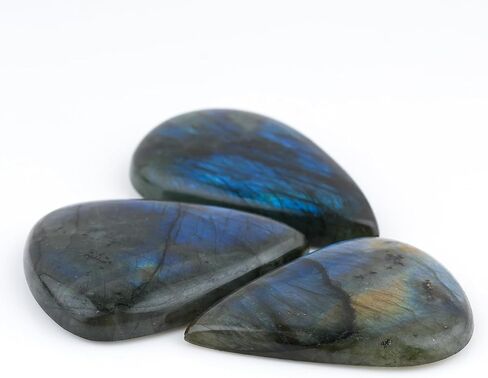 ColouredRocks (3 قطع) (40-50 مم) أحجار كريمة كابوشون كبيرة على شكل كمثرى من اللابرادوريت للشفاء والتأمل والحماية، بلورات طبيعية فضفاضة، ظهر مسطح بالجملة، مستلزمات صناعة المجوهرات، DIY، الصياغة in Kuwait