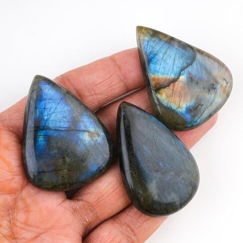 ColouredRocks (3 قطع) (40-50 مم) أحجار كريمة كابوشون كبيرة على شكل كمثرى من اللابرادوريت للشفاء والتأمل والحماية، بلورات طبيعية فضفاضة، ظهر مسطح بالجملة، مستلزمات صناعة المجوهرات، DIY، الصياغة in Kuwait