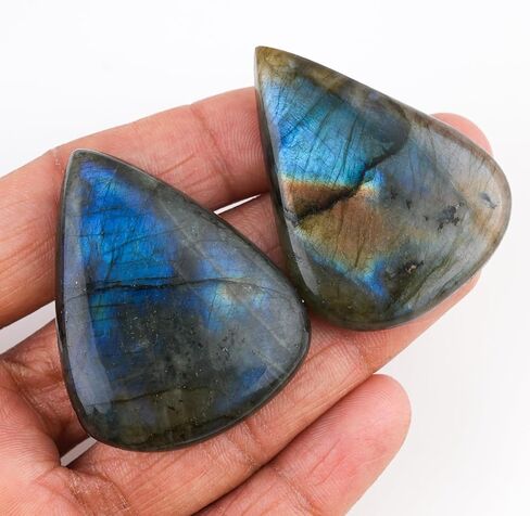 ColouredRocks (3 قطع) (40-50 مم) أحجار كريمة كابوشون كبيرة على شكل كمثرى من اللابرادوريت للشفاء والتأمل والحماية، بلورات طبيعية فضفاضة، ظهر مسطح بالجملة، مستلزمات صناعة المجوهرات، DIY، الصياغة in Kuwait