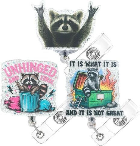 3PC Raccoon Badge Reels Funny Cartoon Wild Animal Quirky Sarcastic Trash Panda Dumpster Fire ID Name Retractable Clip Holder Nurse Accessories Office Supplies Gifts for Employees Teachers Coworkers in Saudi Arabia