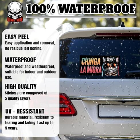 Chinga La Migra | Bumper Sticker or Car Magnet | Cute Cat Sarcastic Humorous Mexican Magnetic Bumper for Cars [7.5x3.75] in Kuwait