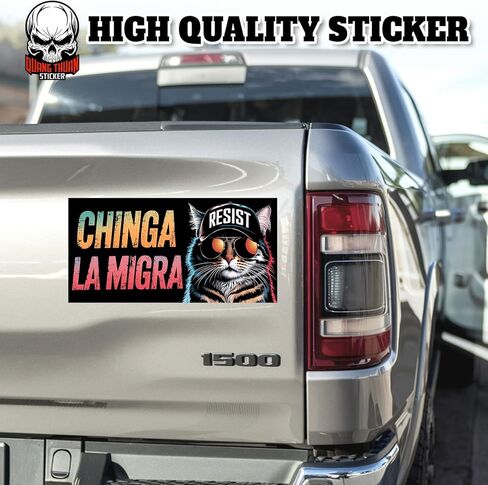 Chinga La Migra | Bumper Sticker or Car Magnet | Cute Cat Sarcastic Humorous Mexican Magnetic Bumper for Cars [7.5x3.75] in Kuwait