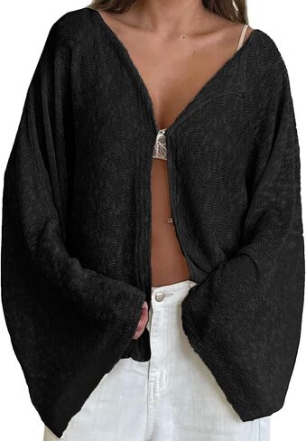 Women Loose Cardigan Solid Boat Neck Hook and Eye Long Sleeve Knitted Tops Casual Fall Clothes in Kuwait