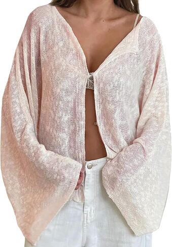 Women Loose Cardigan Solid Boat Neck Hook and Eye Long Sleeve Knitted Tops Casual Fall Clothes in Saudi Arabia