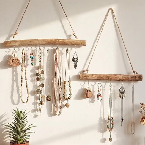 Yinkin 2 قطعة شماعة مجوهرات من الخشب الطبيعي Driftwood للحرف اليدوية مع خطافات 15.75 بوصة 9.84 بوصة رف مجوهرات جداري بوهو للجدران المنزلية نافذة عرض المتجر in Saudi Arabia
