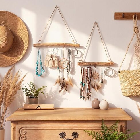 Yinkin 2 قطعة شماعة مجوهرات من الخشب الطبيعي Driftwood للحرف اليدوية مع خطافات 15.75 بوصة 9.84 بوصة رف مجوهرات جداري بوهو للجدران المنزلية نافذة عرض المتجر in Saudi Arabia