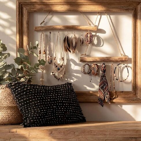Yinkin 2 قطعة شماعة مجوهرات من الخشب الطبيعي Driftwood للحرف اليدوية مع خطافات 15.75 بوصة 9.84 بوصة رف مجوهرات جداري بوهو للجدران المنزلية نافذة عرض المتجر in Saudi Arabia